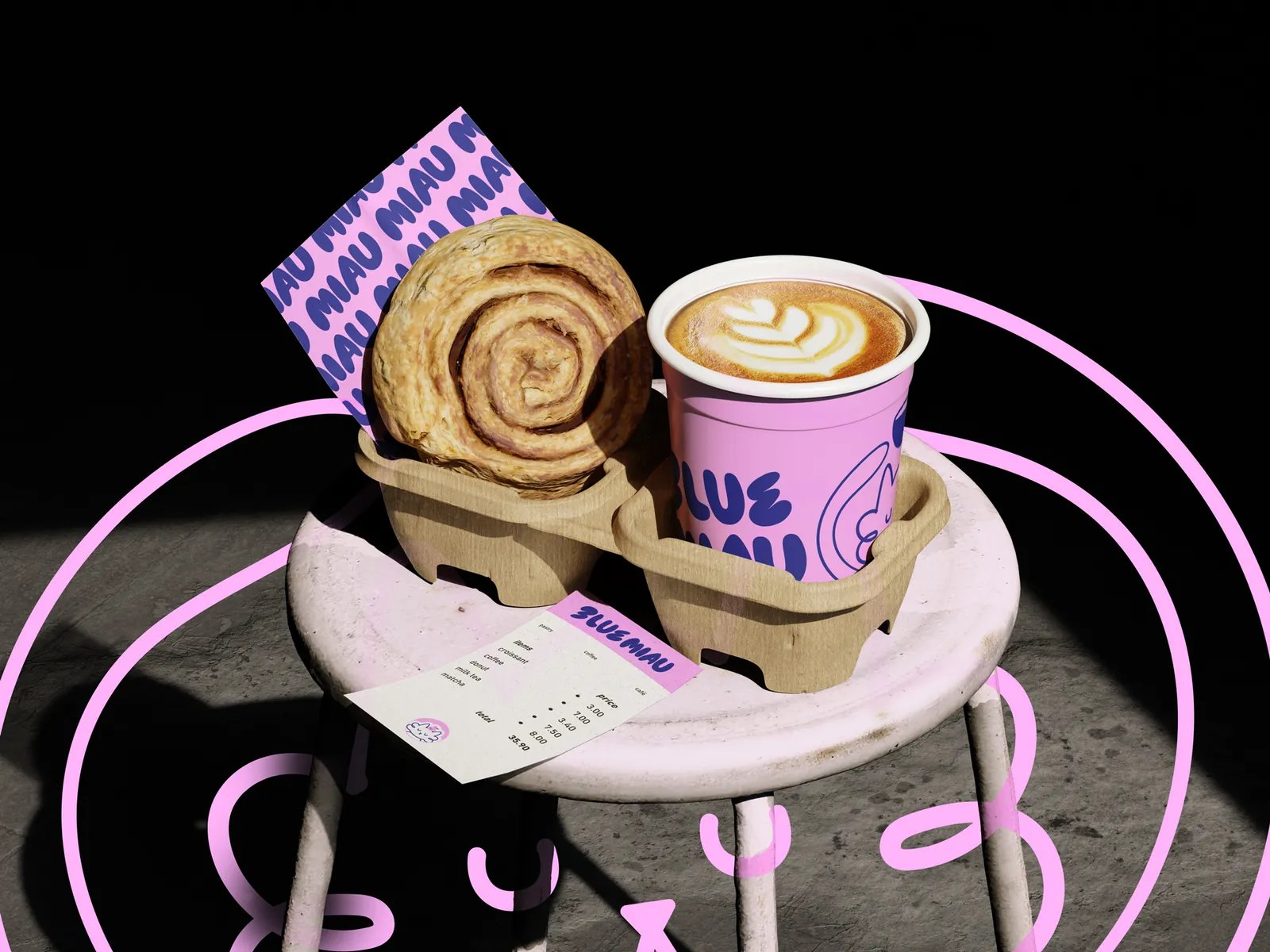 Vaso rosa y roll de canela de Blue Miau sobre una bandeja, con el gato de la marca en neón