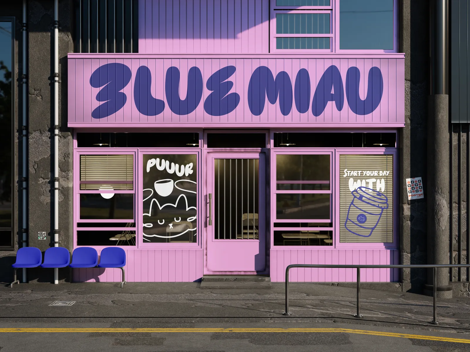 Fachada rosa del local de Blue Miau con el letrero de la marca