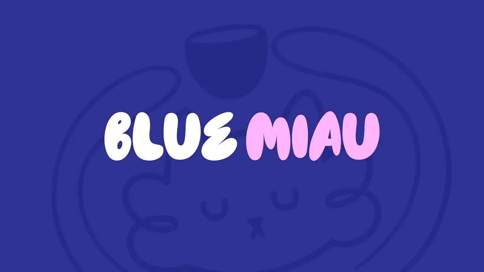 Logotipo de Blue Miau en blanco y rosa sobre azul, con el gato de la marca dibujado al fondo