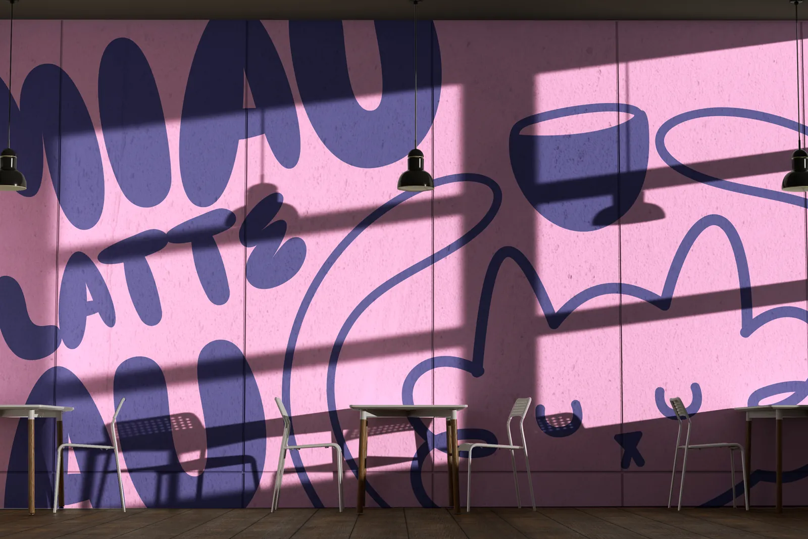 Mural interior de Blue Miau con el lettering MIAU LATTE y el gato de la marca