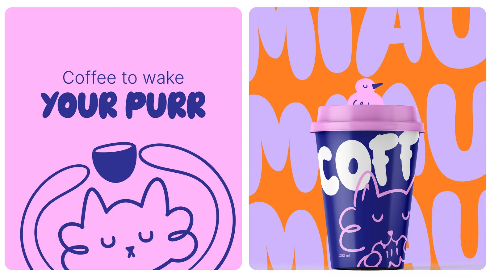 Afiches de Blue Miau: “Coffee to wake your purr” y el vaso COFFEE sobre naranja