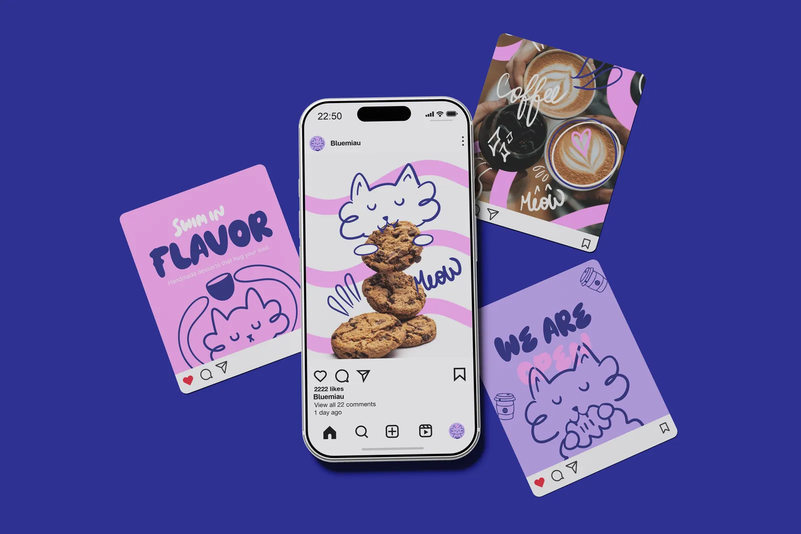 Piezas de redes de Blue Miau sobre fondo azul con el celular al centro