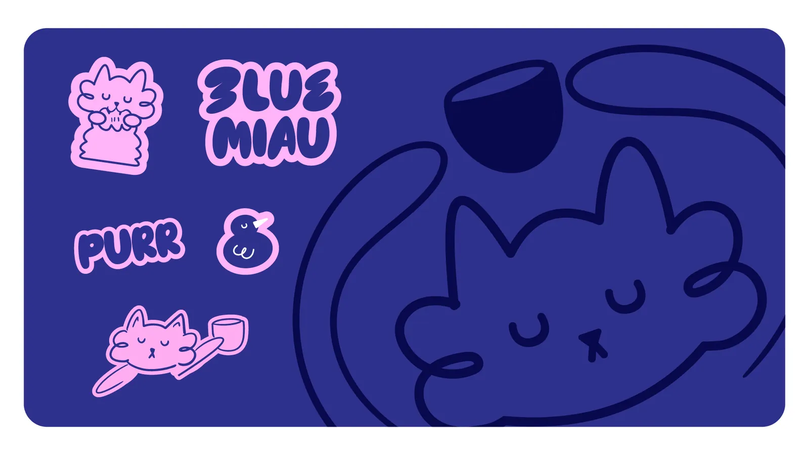 Set de stickers de Blue Miau con el gato, la taza y los lettering PURR y BLUE MIAU