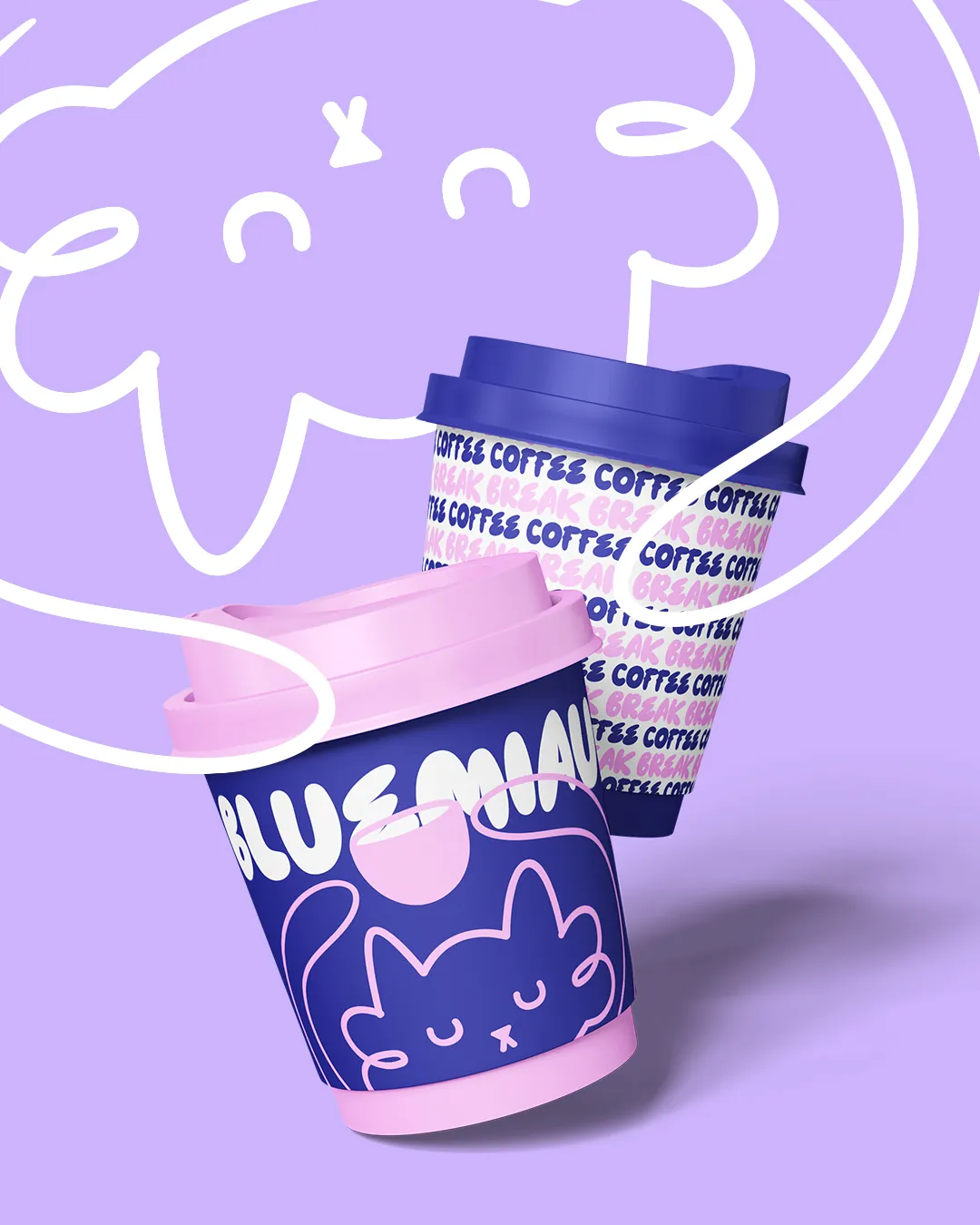 Vasos de Blue Miau sobre fondo lila con el gato ilustrado en gran tamaño