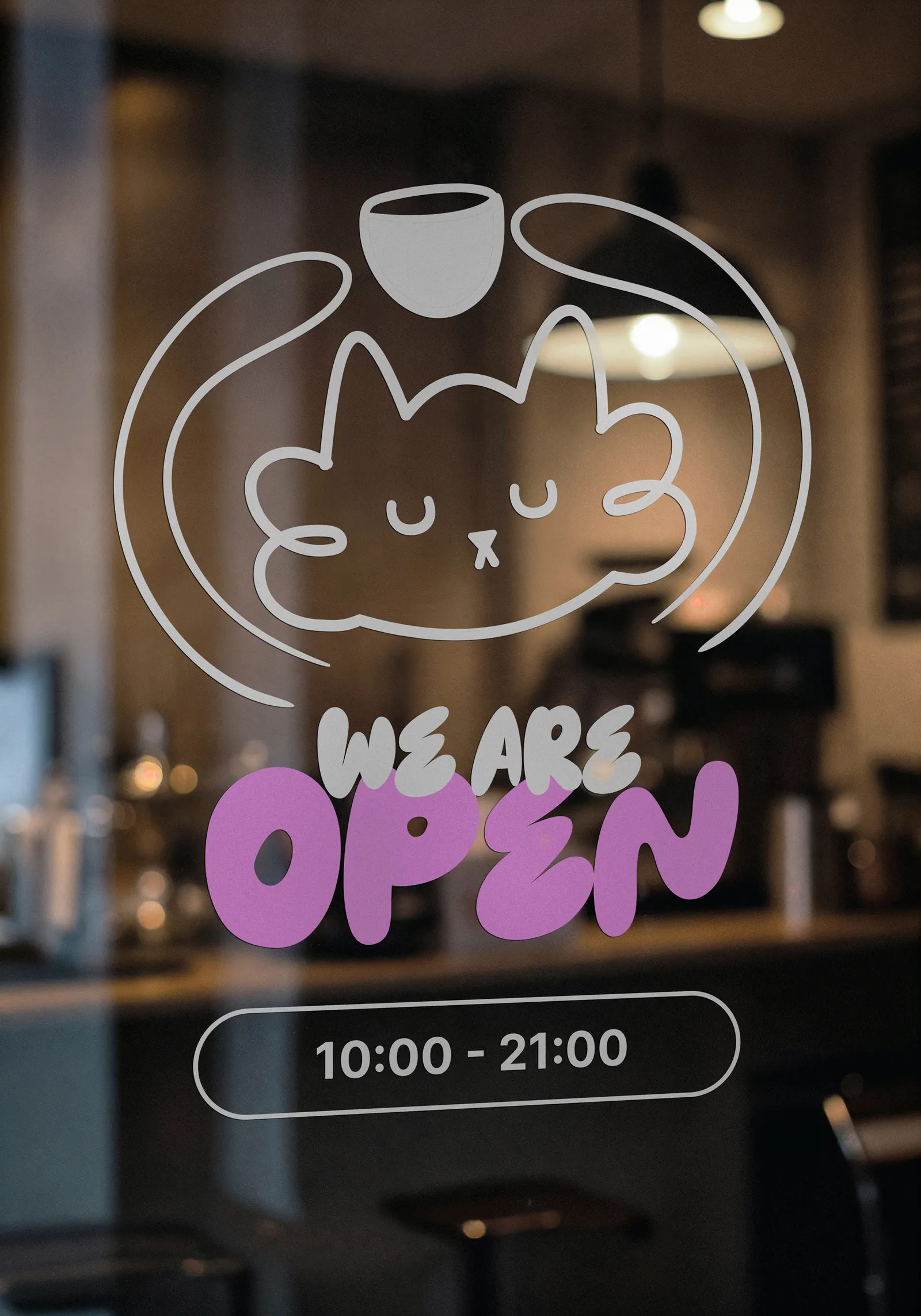 Vinilo de vidriera de Blue Miau con el gato y el horario de 10:00 a 21:00