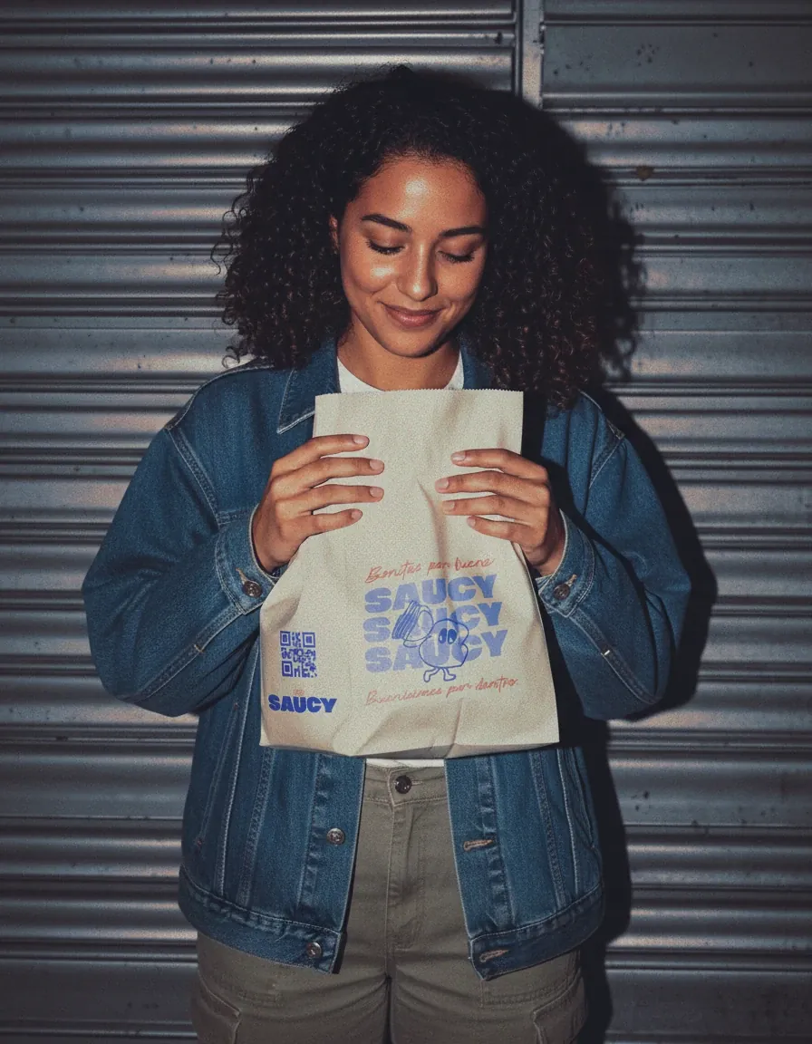 Persona con campera de jean sosteniendo la bolsa de Saucy con código QR