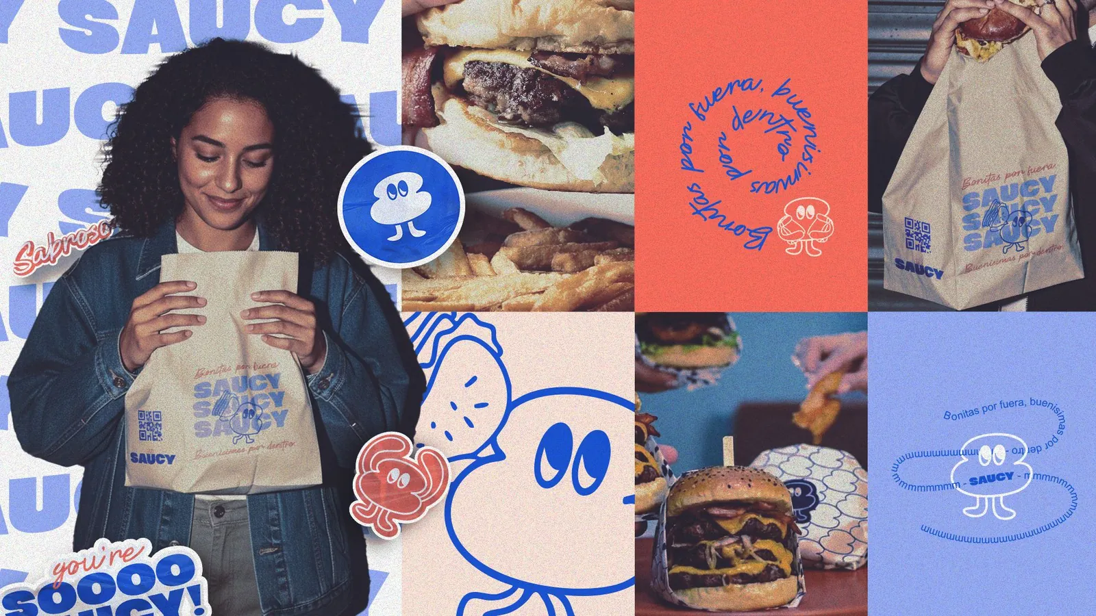Grilla de piezas de la identidad Saucy: stickers, packaging, fotografía y tipografía