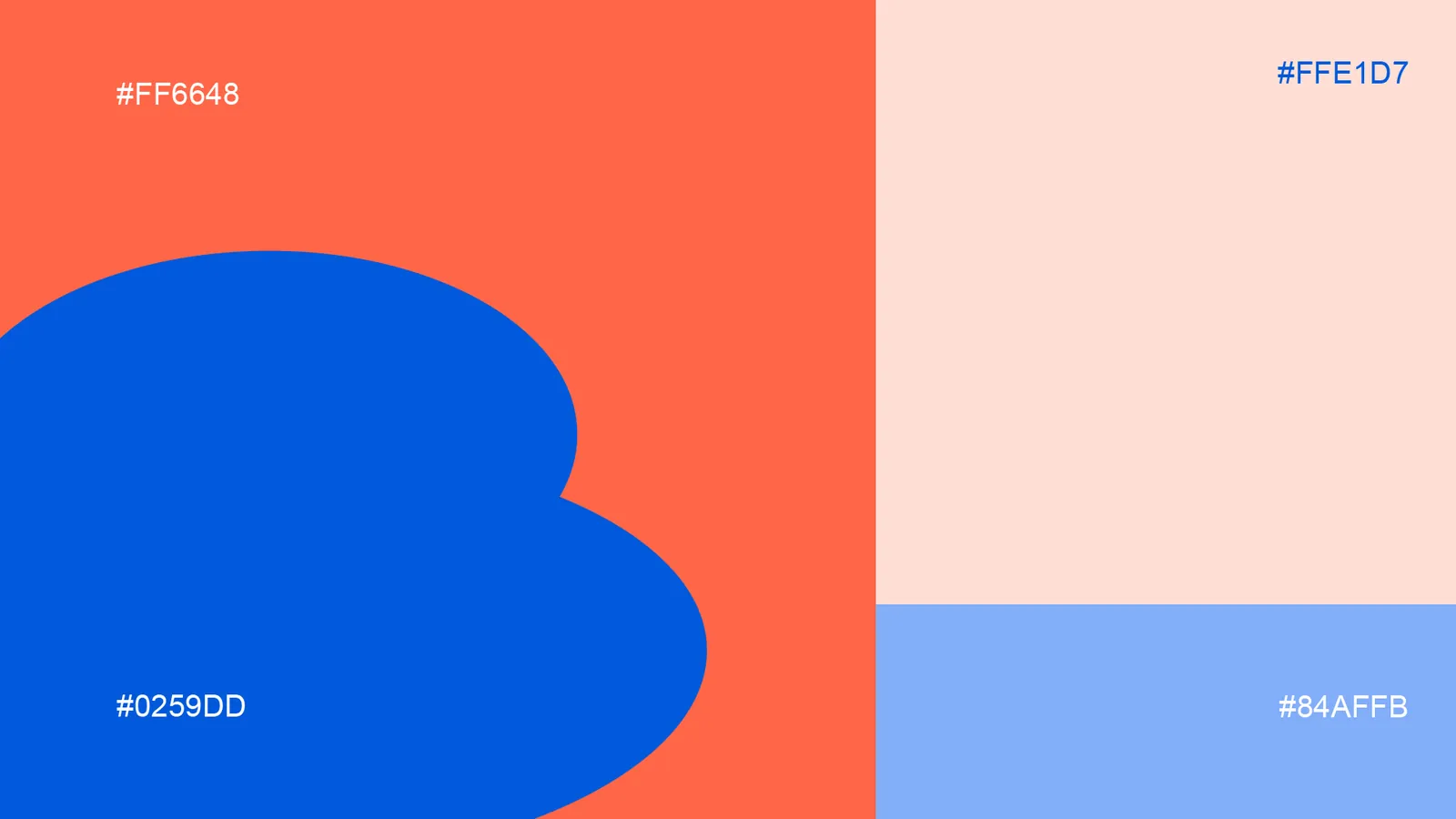 Paleta cromática de Saucy: rojo #FF6648, azul #0259DD, crema #FFE1D7 y celeste #84AFFB