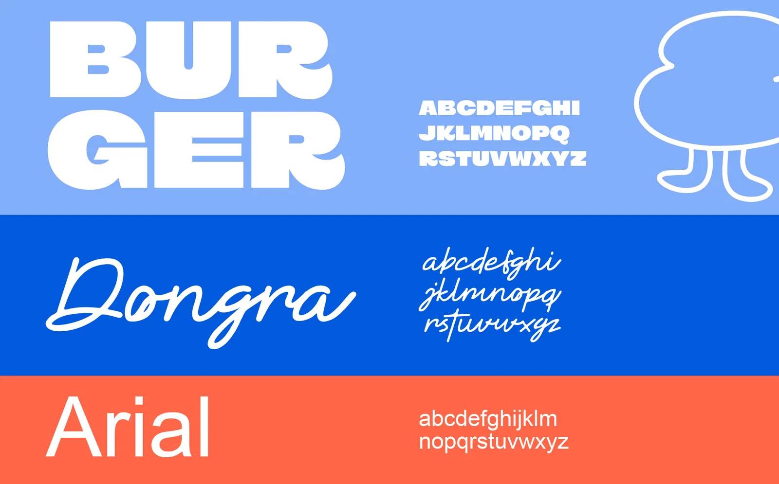 Sistema tipográfico de Saucy: Burger para titulares, Dongra manuscrita y Arial para textos de apoyo