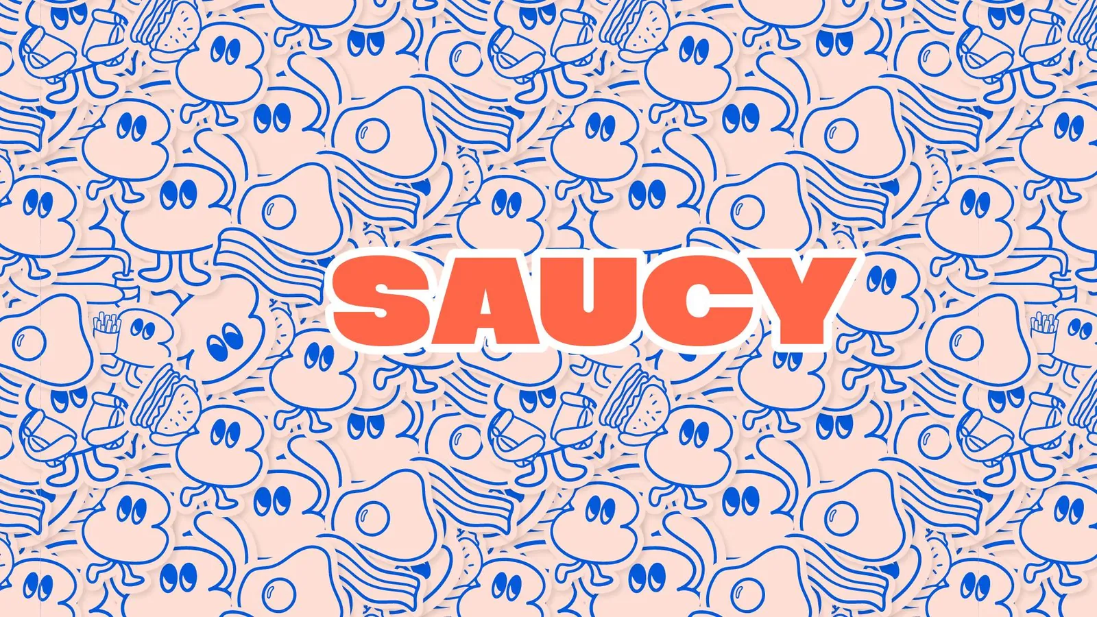 Patrón de personajes ilustrados de Saucy con el logotipo en rojo al centro