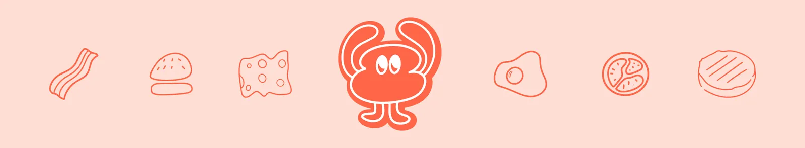 Set de íconos de Saucy: panceta, pan, queso, el personaje de salsa, huevo, tomate y medallón