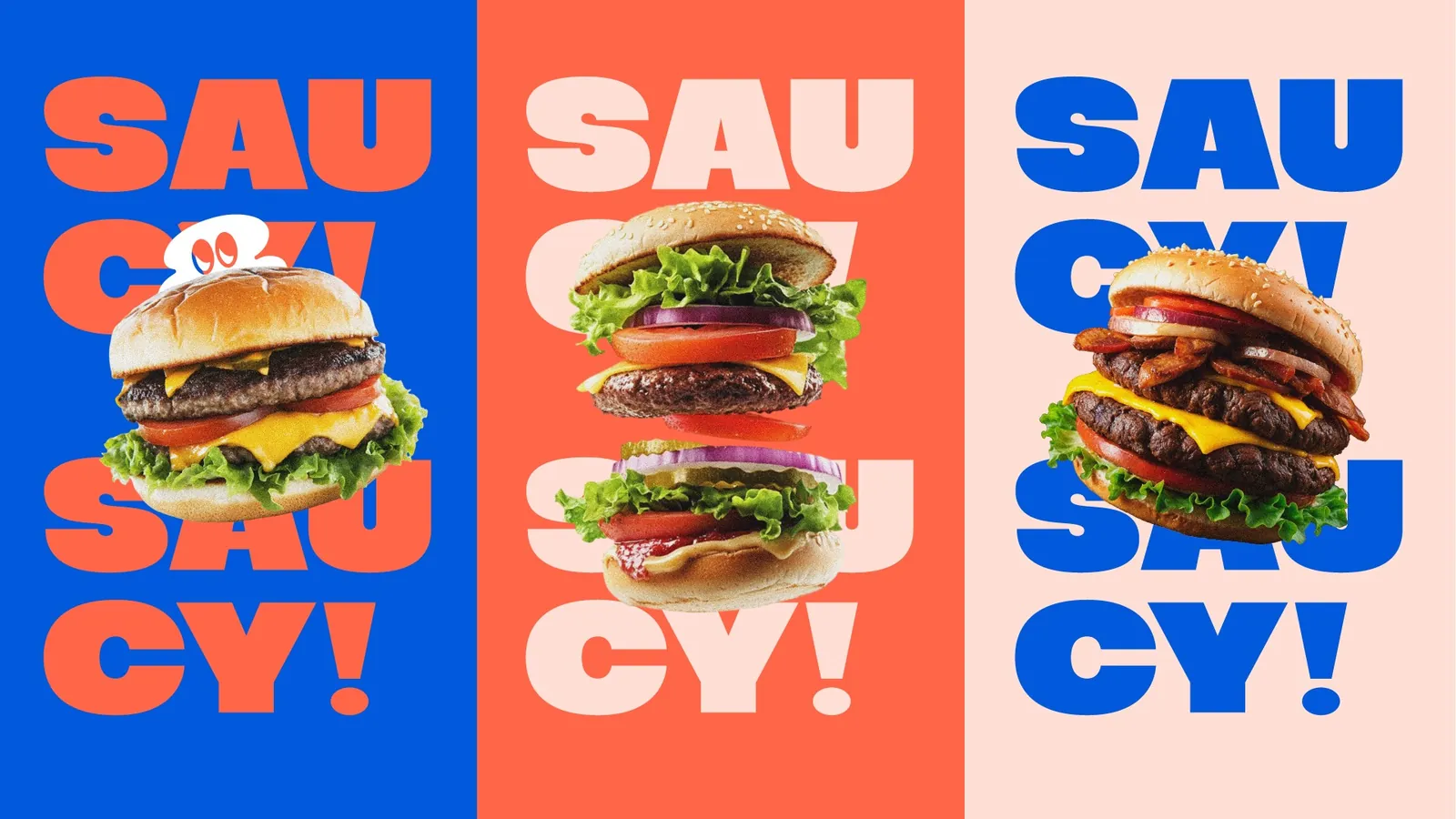Tres afiches de Saucy con fotografía de hamburguesas sobre fondos azul, rojo y crema