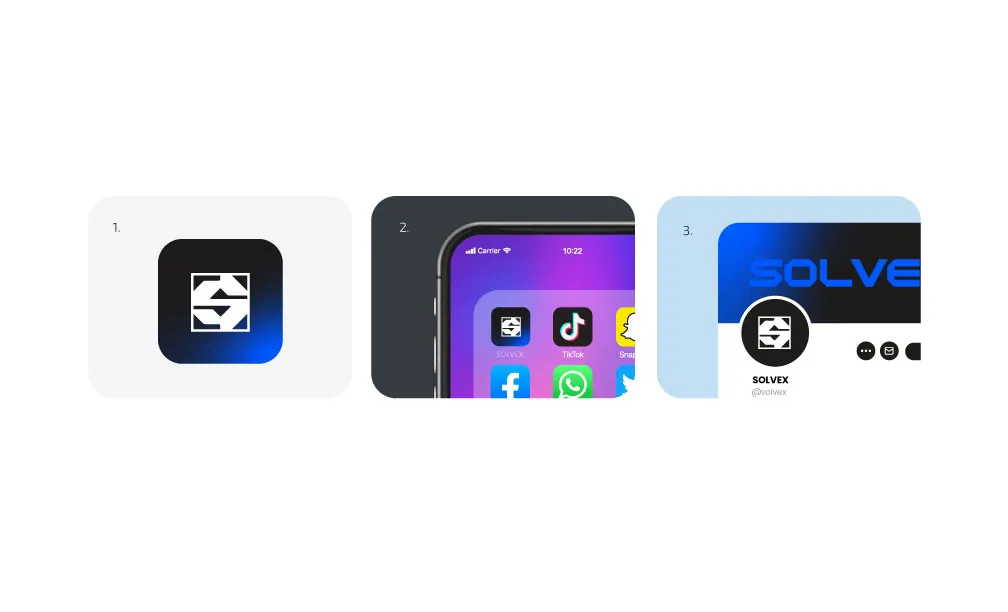 La marca Solvex aplicada en ícono de app, pantalla de celular y perfil de redes