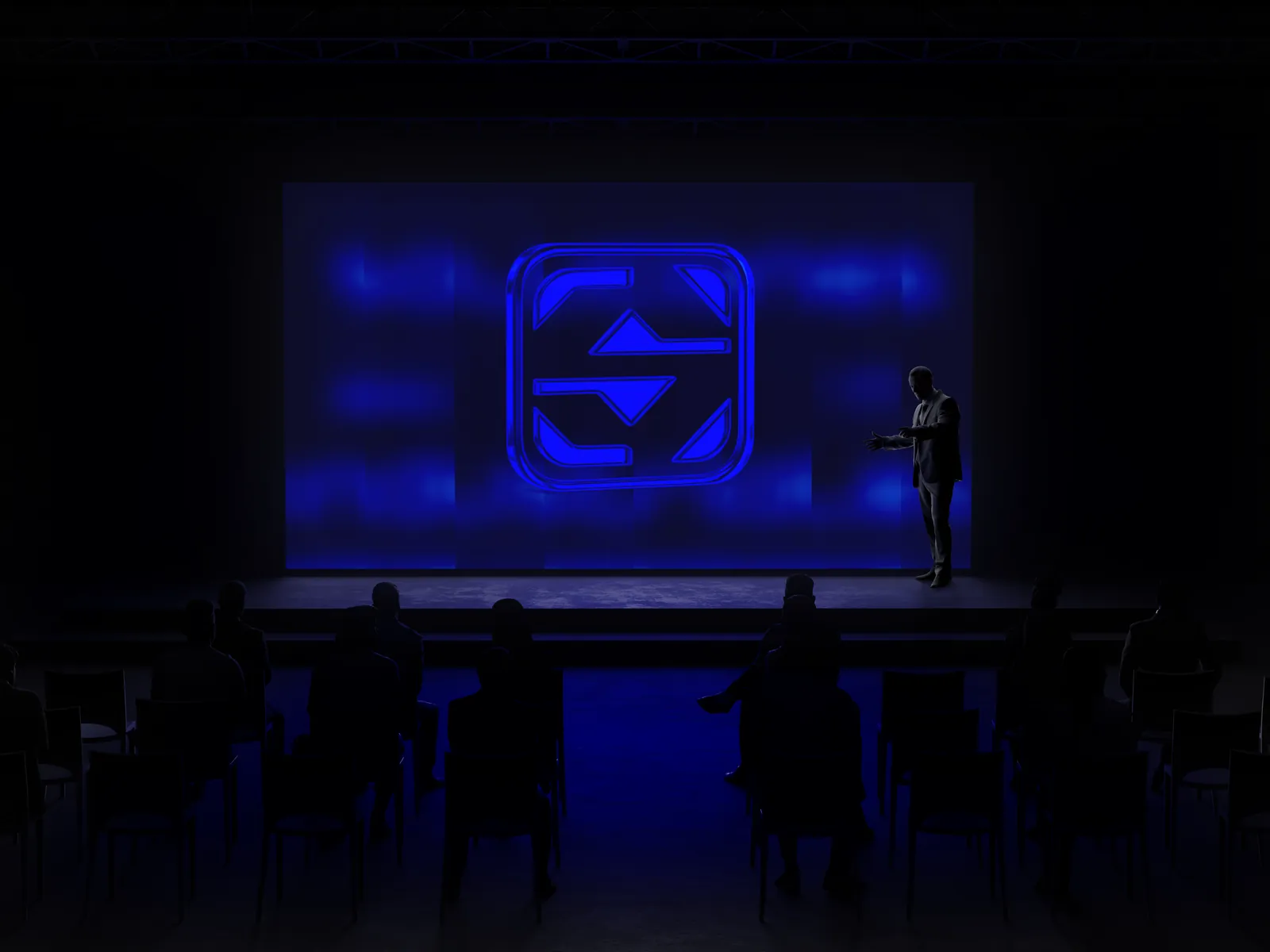 Símbolo de Solvex proyectado en el escenario de una conferencia