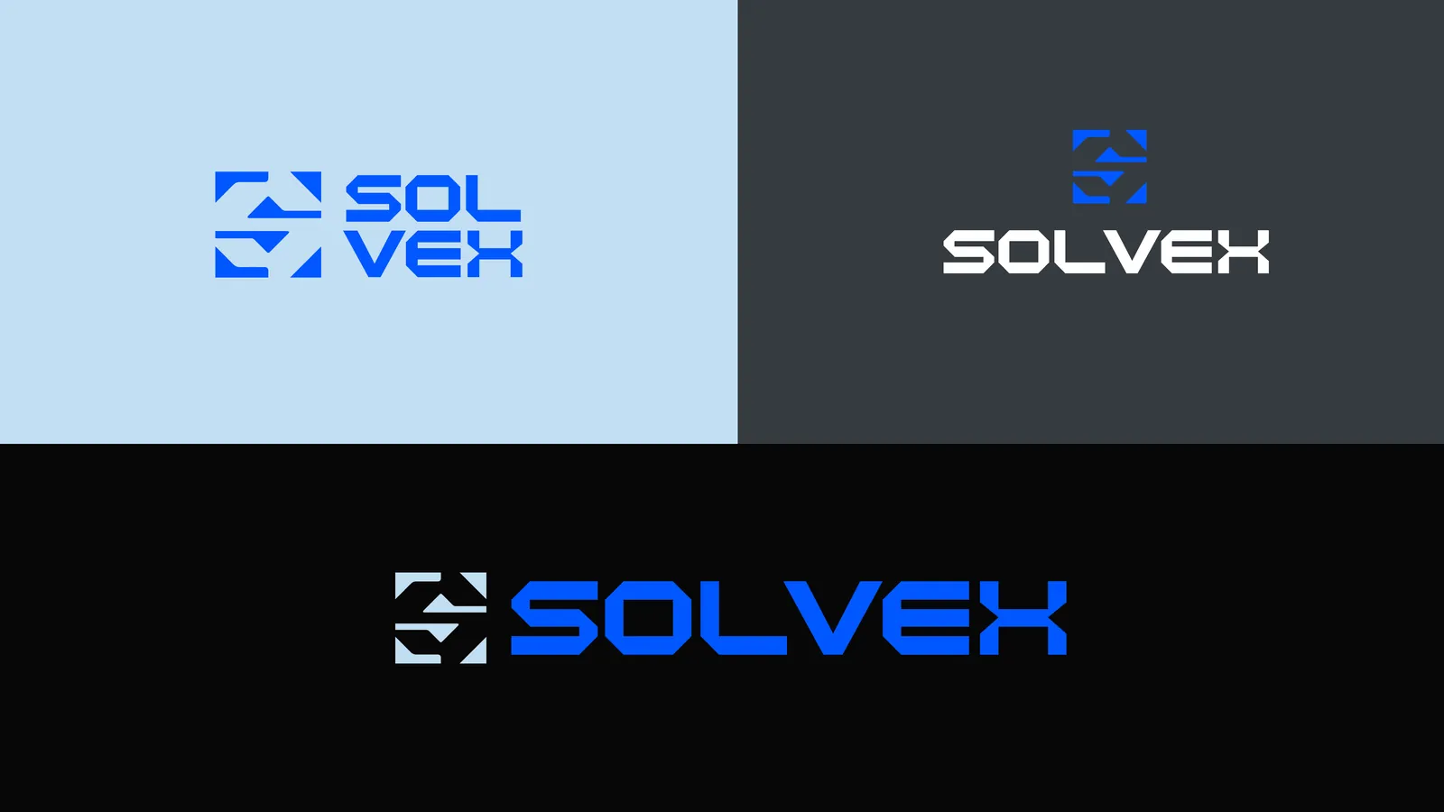 El logotipo de Solvex sobre celeste, gris oscuro y negro