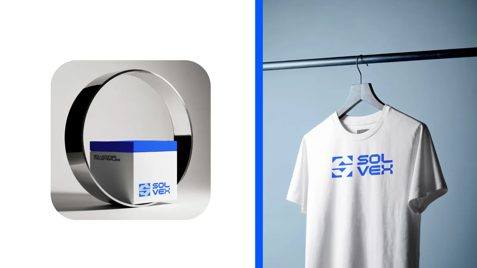 Caja y remera blanca con el logotipo de Solvex