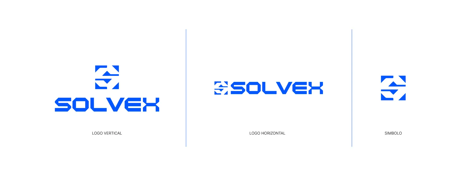 Versiones del logotipo de Solvex: horizontal, apilada y solo el símbolo
